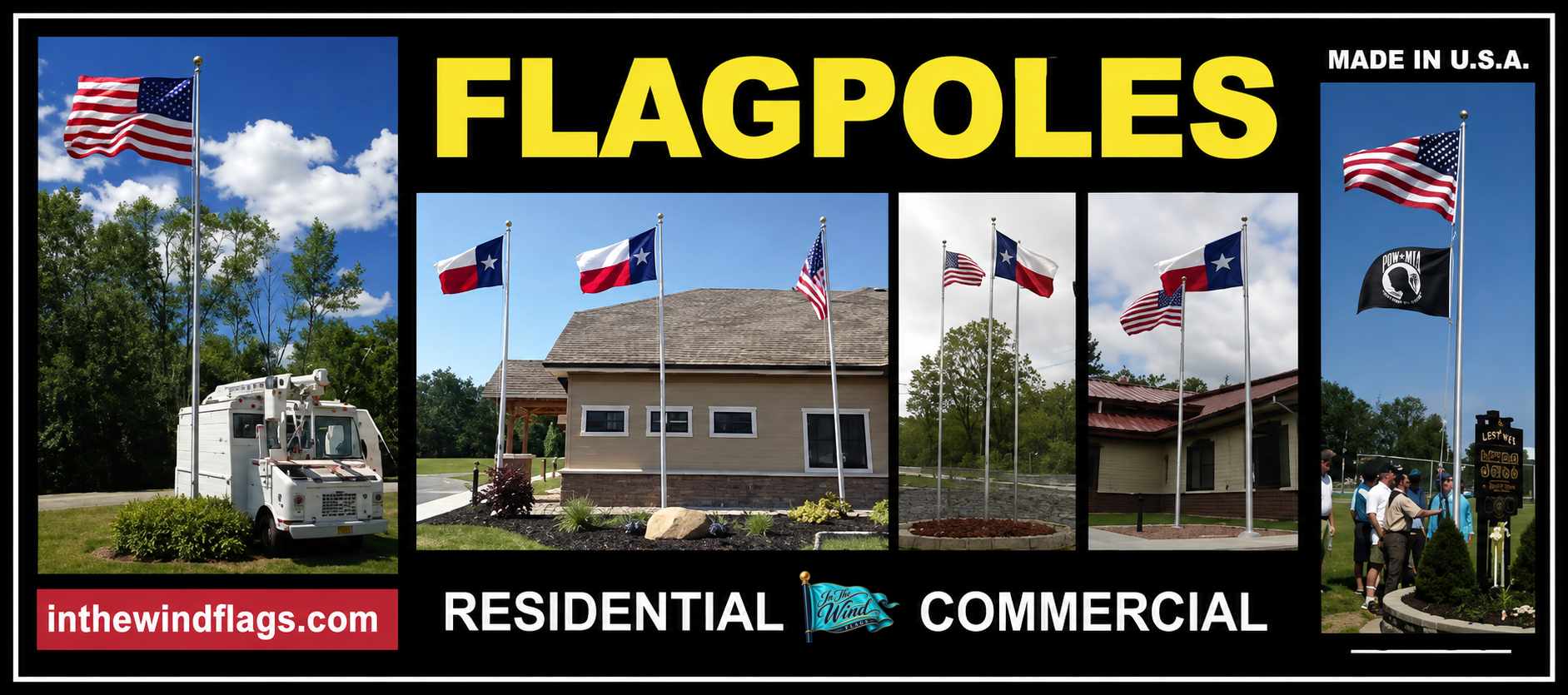In The Wind Flags residential and commercial flagpole installation collage