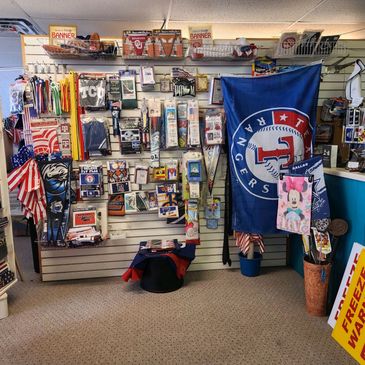 Flag inventory inside the In The Wind Flags store